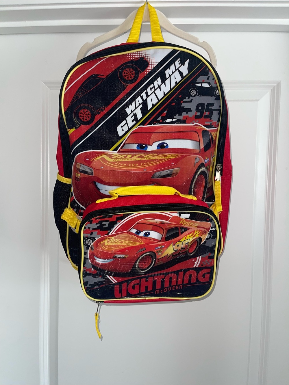 Lightning McQueen Kids Backpack with attached lunchbox